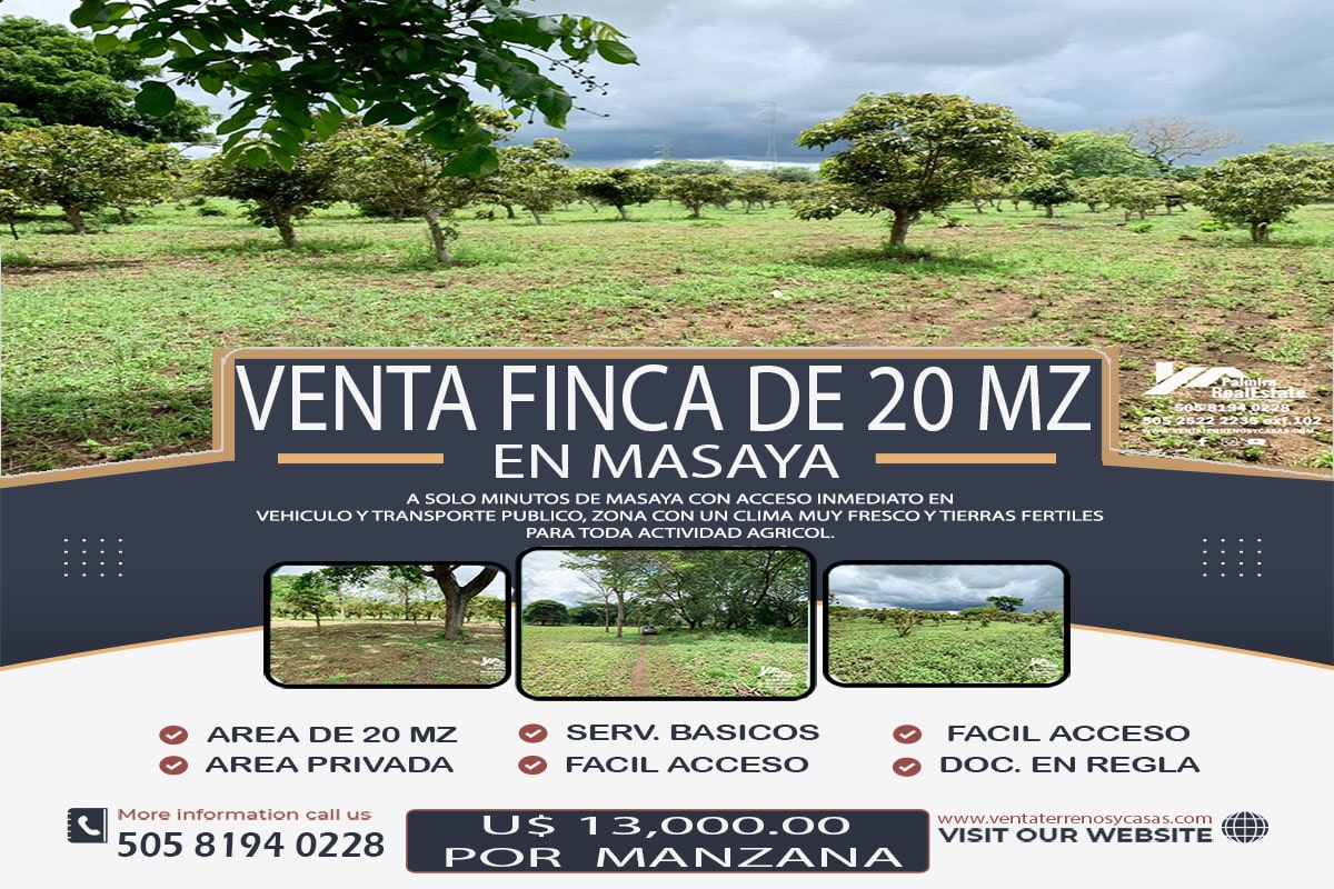 VENTA DE FINCA AGRICOLA DE 20 MANZANAS EN MASAYA