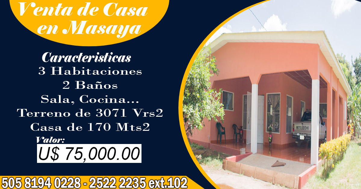 Oferta Venta de casa en masaya