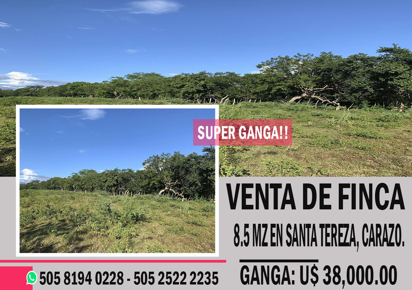 se vende finca de 8.5mz en carazo