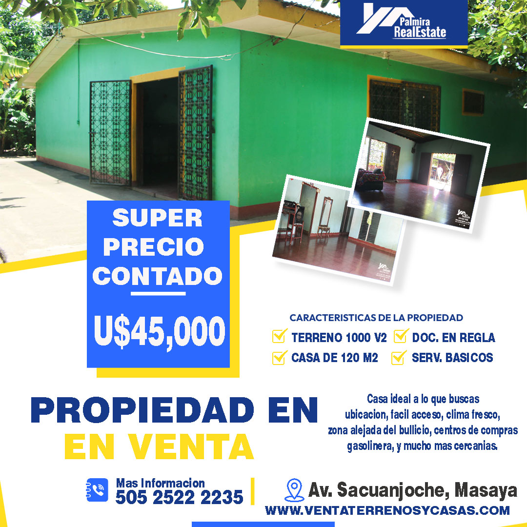 SUPER GANGA CASA EN VENTA EN U$45K EN MASAYA